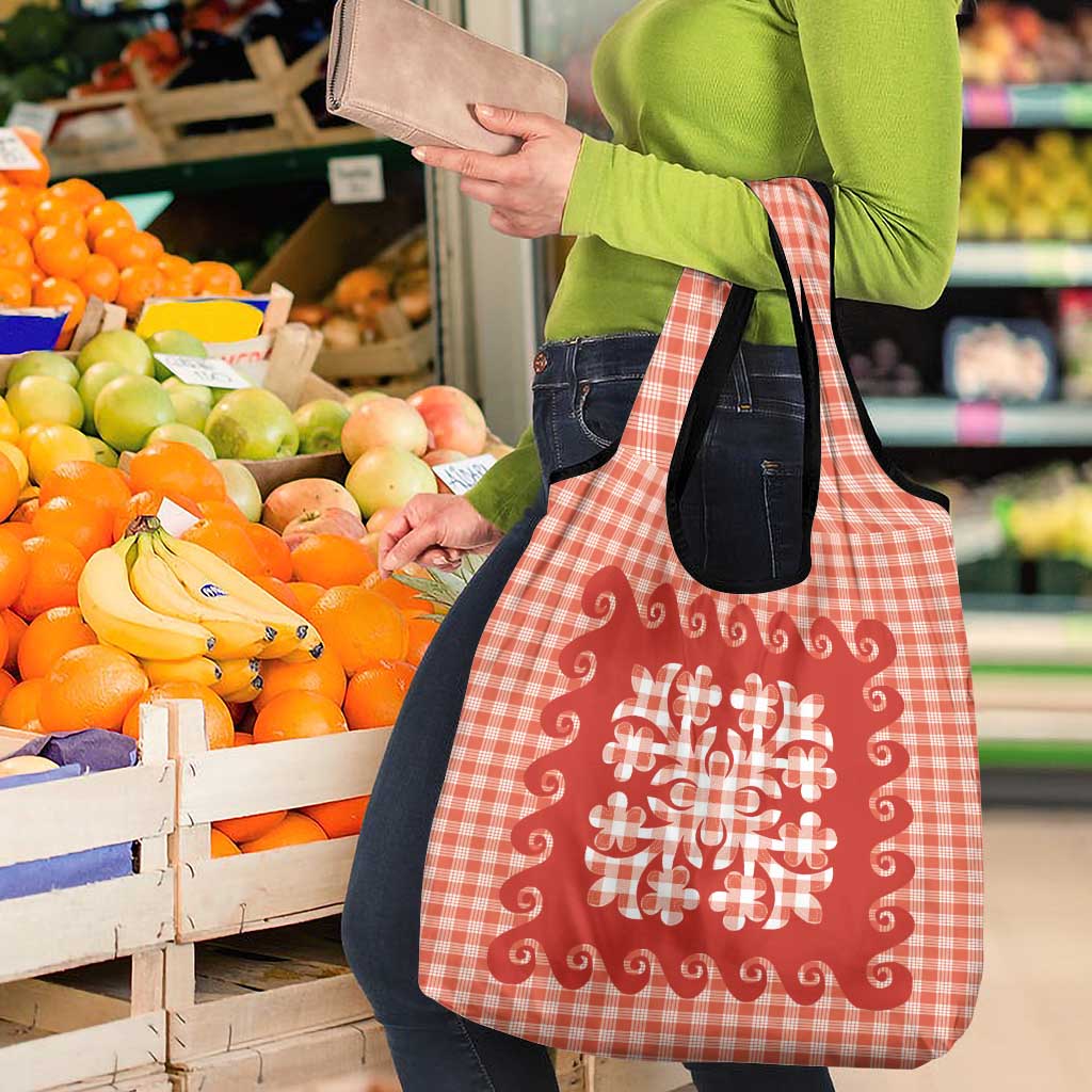 Red Ulu Palaka Quilt Pattern Grocery Bag Hawaii Culture Breadfruit - Polynesian Pride