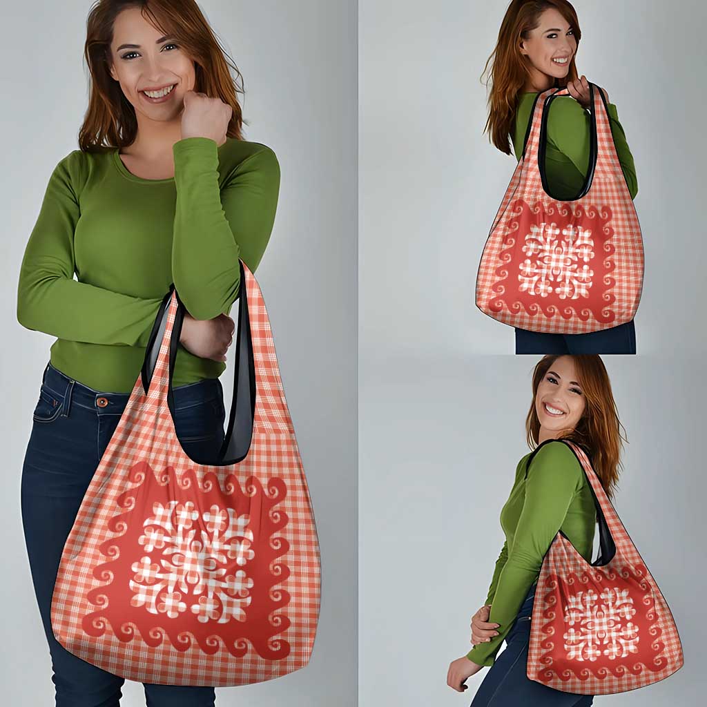 Red Ulu Palaka Quilt Pattern Grocery Bag Hawaii Culture Breadfruit - Polynesian Pride