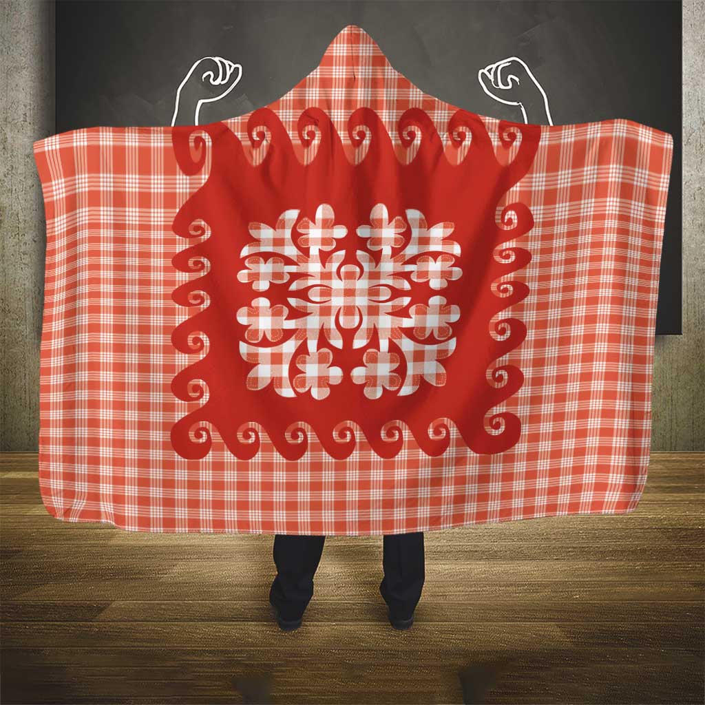 Red Ulu Palaka Quilt Pattern Hooded Blanket Hawaii Culture Breadfruit - Polynesian Pride