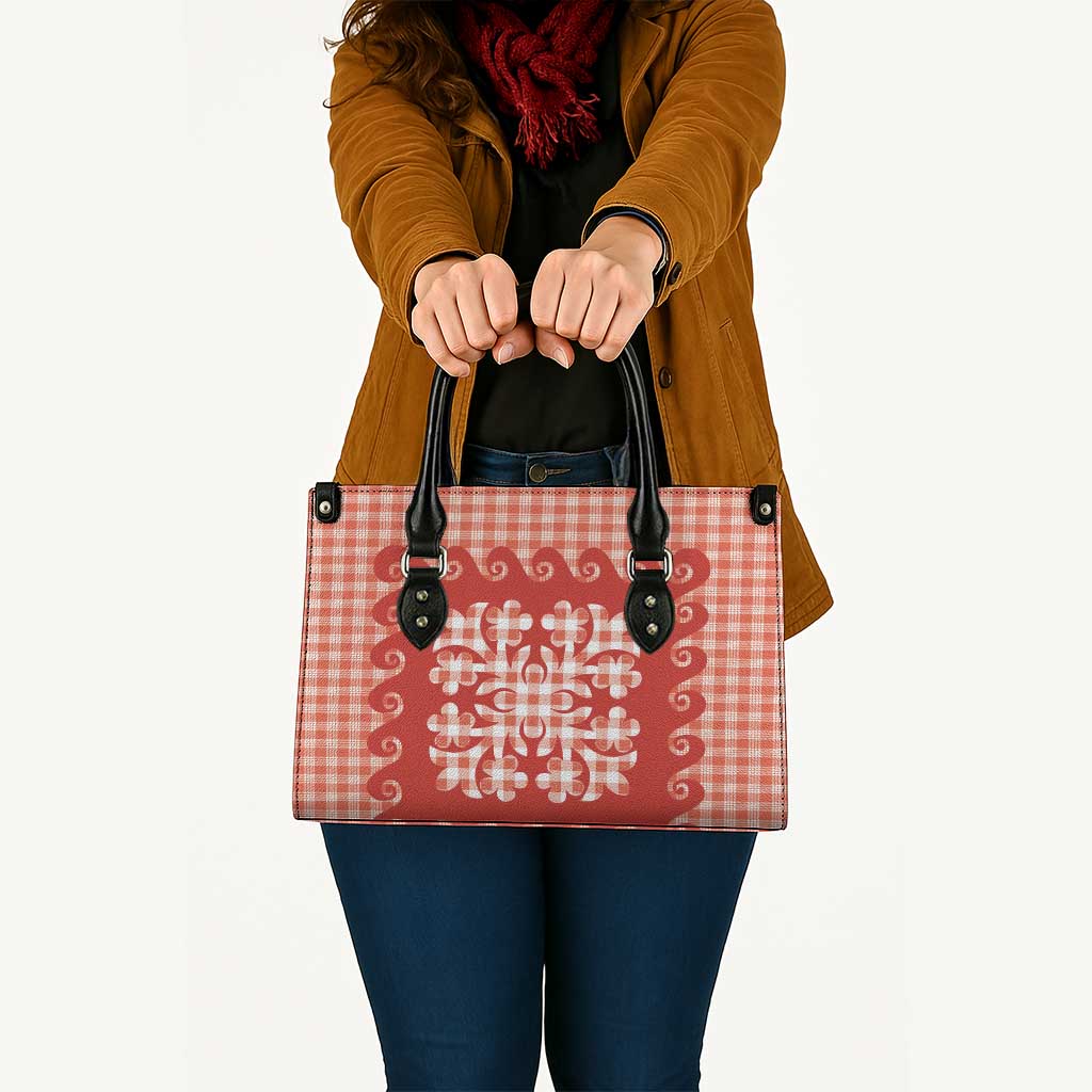 Red Ulu Palaka Quilt Pattern Leather Bag Hawaii Culture Breadfruit - Polynesian Pride