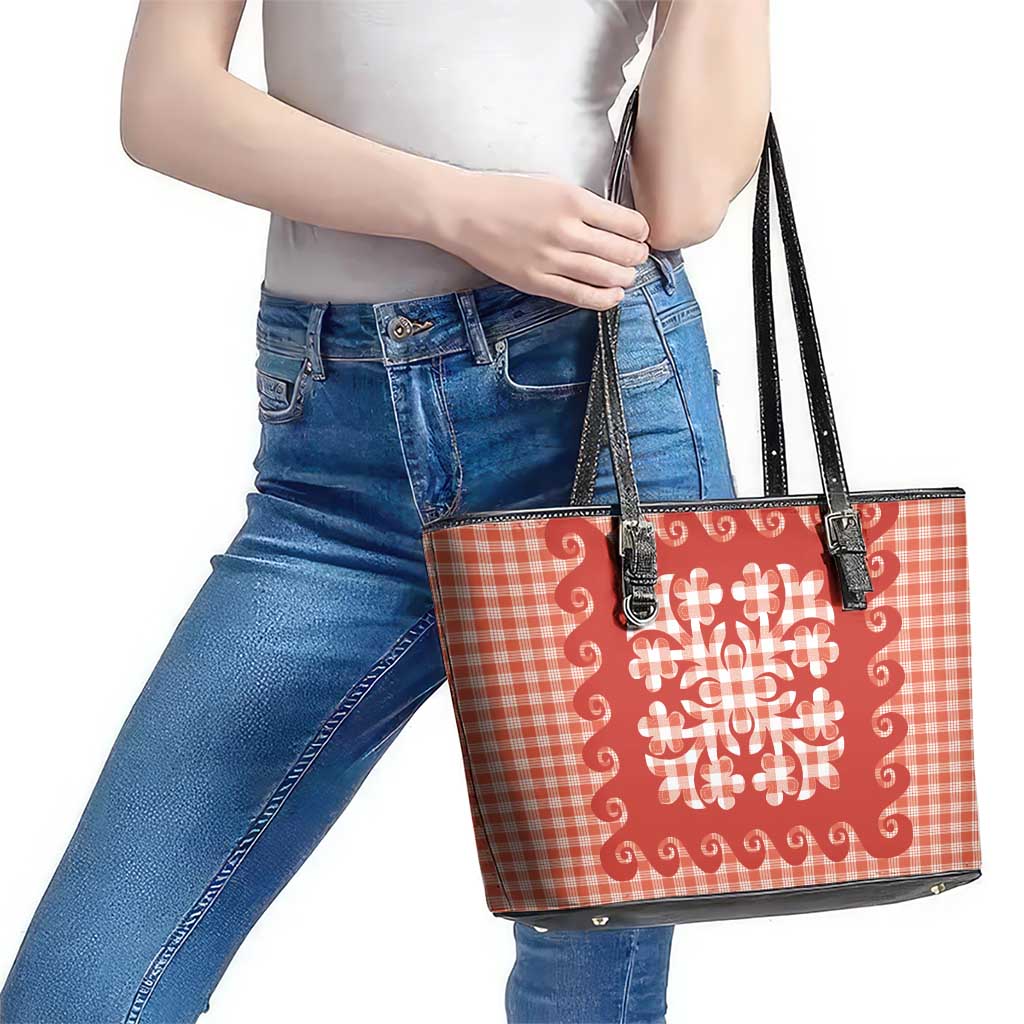 Red Ulu Palaka Quilt Pattern Leather Tote Bag Hawaii Culture Breadfruit - Polynesian Pride