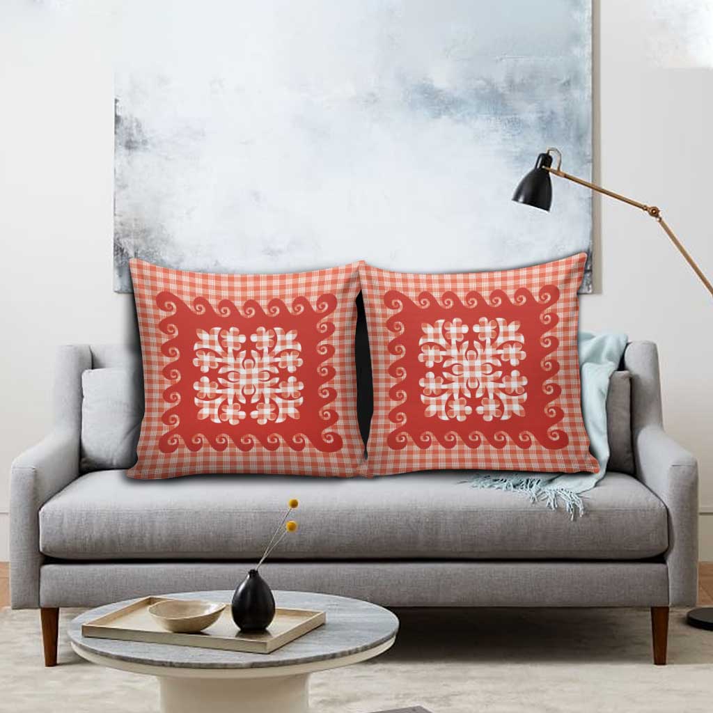 Red Ulu Palaka Quilt Pattern Pillow Cover Hawaii Culture Breadfruit - Polynesian Pride