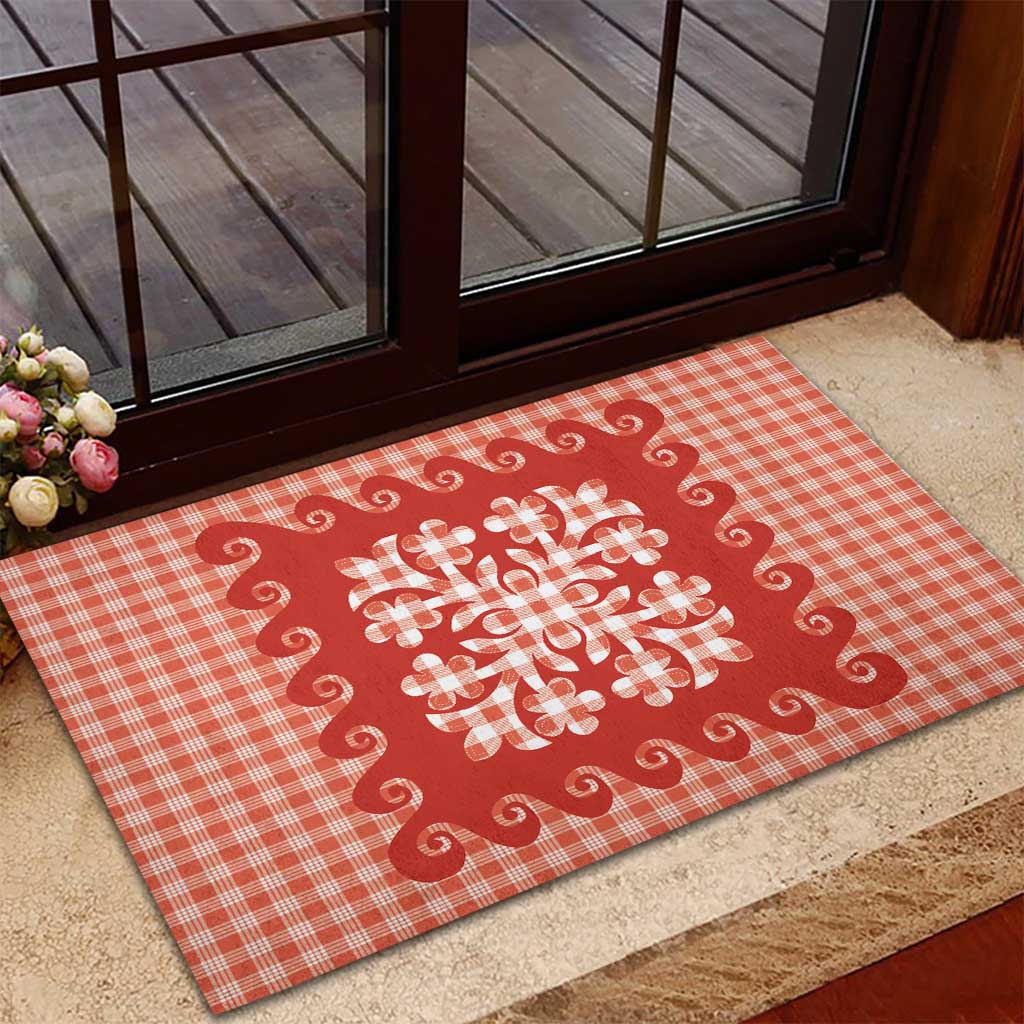 Red Ulu Palaka Quilt Pattern Rubber Doormat Hawaii Culture Breadfruit - Polynesian Pride
