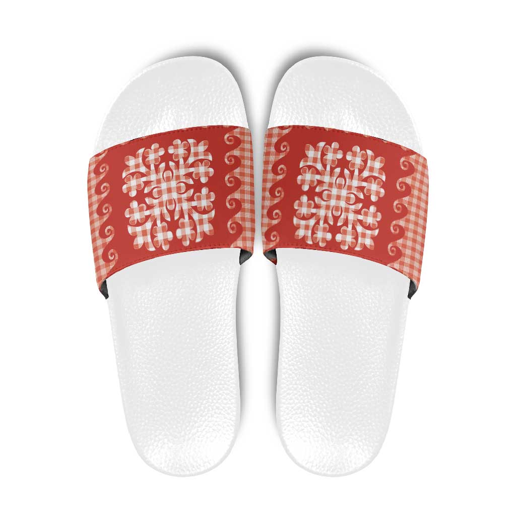 Red Ulu Palaka Quilt Pattern Slide Sandals Hawaii Culture Breadfruit - Polynesian Pride