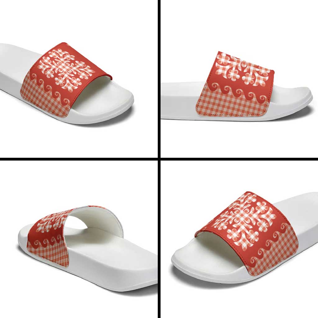 Red Ulu Palaka Quilt Pattern Slide Sandals Hawaii Culture Breadfruit - Polynesian Pride