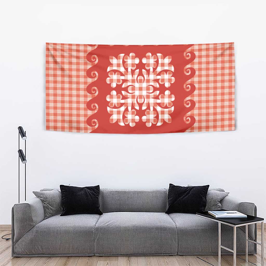 Red Ulu Palaka Quilt Pattern Tapestry Hawaii Culture Breadfruit - Polynesian Pride