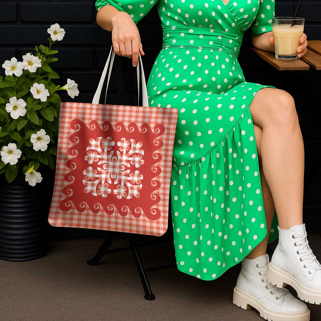 Red Ulu Palaka Quilt Pattern Tote Bag Hawaii Culture Breadfruit - Polynesian Pride