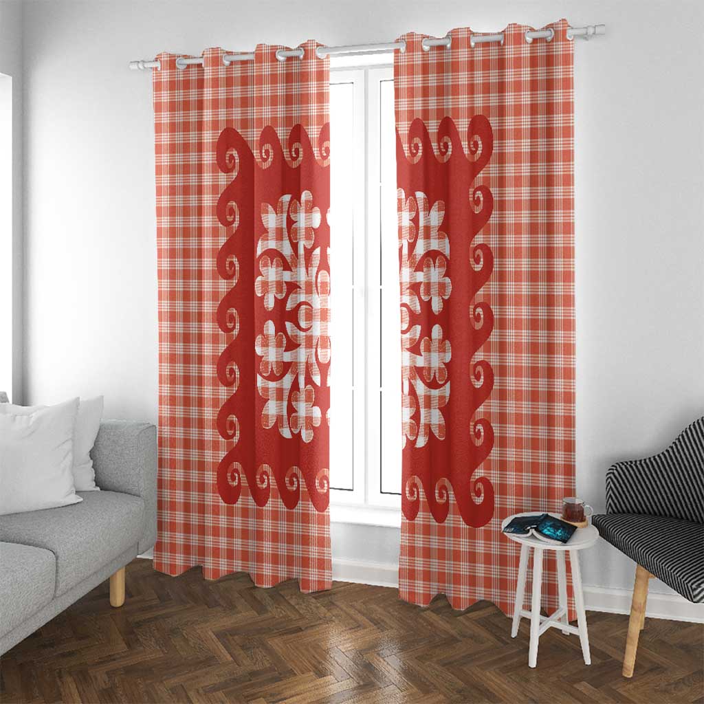 Red Ulu Palaka Quilt Pattern Window Curtain Hawaii Culture Breadfruit - Polynesian Pride
