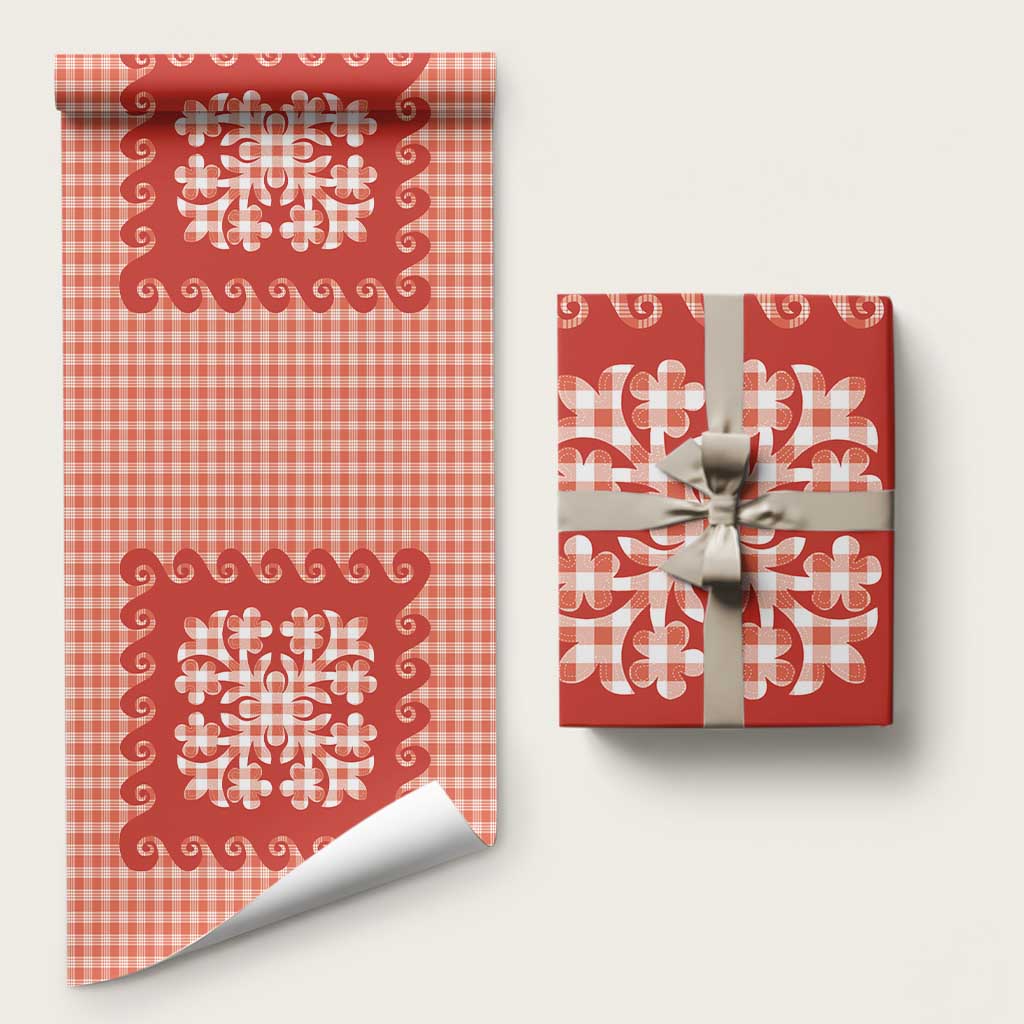 Red Ulu Palaka Quilt Pattern Wrapping Paper Hawaii Culture Breadfruit - Polynesian Pride