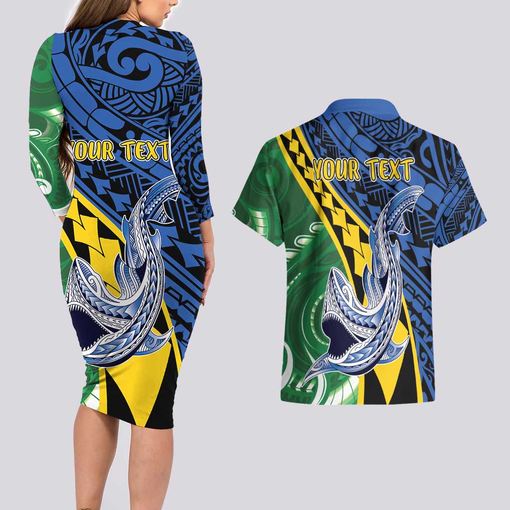 Personalised Crocodile and Shark Solomon Islands Couples Matching Long Sleeve Bodycon Dress and Hawaiian Shirt Polynesian Tribal Tattoo LT9 - Polynesian Pride