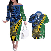 Personalised Crocodile and Shark Solomon Islands Couples Matching Off The Shoulder Long Sleeve Dress and Hawaiian Shirt Polynesian Tribal Tattoo LT9 Green - Polynesian Pride