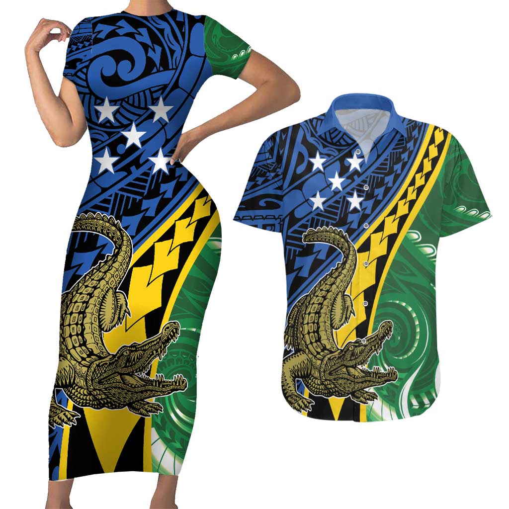 Personalised Crocodile and Shark Solomon Islands Couples Matching Short Sleeve Bodycon Dress and Hawaiian Shirt Polynesian Tribal Tattoo LT9 Green - Polynesian Pride
