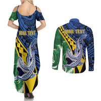 Personalised Crocodile and Shark Solomon Islands Couples Matching Summer Maxi Dress and Long Sleeve Button Shirt Polynesian Tribal Tattoo