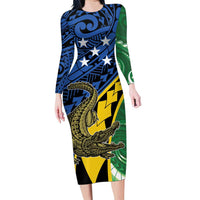 Personalised Crocodile and Shark Solomon Islands Family Matching Long Sleeve Bodycon Dress and Hawaiian Shirt Polynesian Tribal Tattoo LT9 Mom's Dress Green - Polynesian Pride