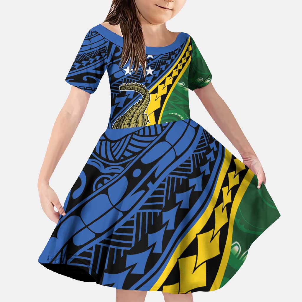 Personalised Crocodile and Shark Solomon Islands Family Matching Mermaid Dress and Hawaiian Shirt Polynesian Tribal Tattoo LT9 Daughter's Dress Green - Polynesian Pride