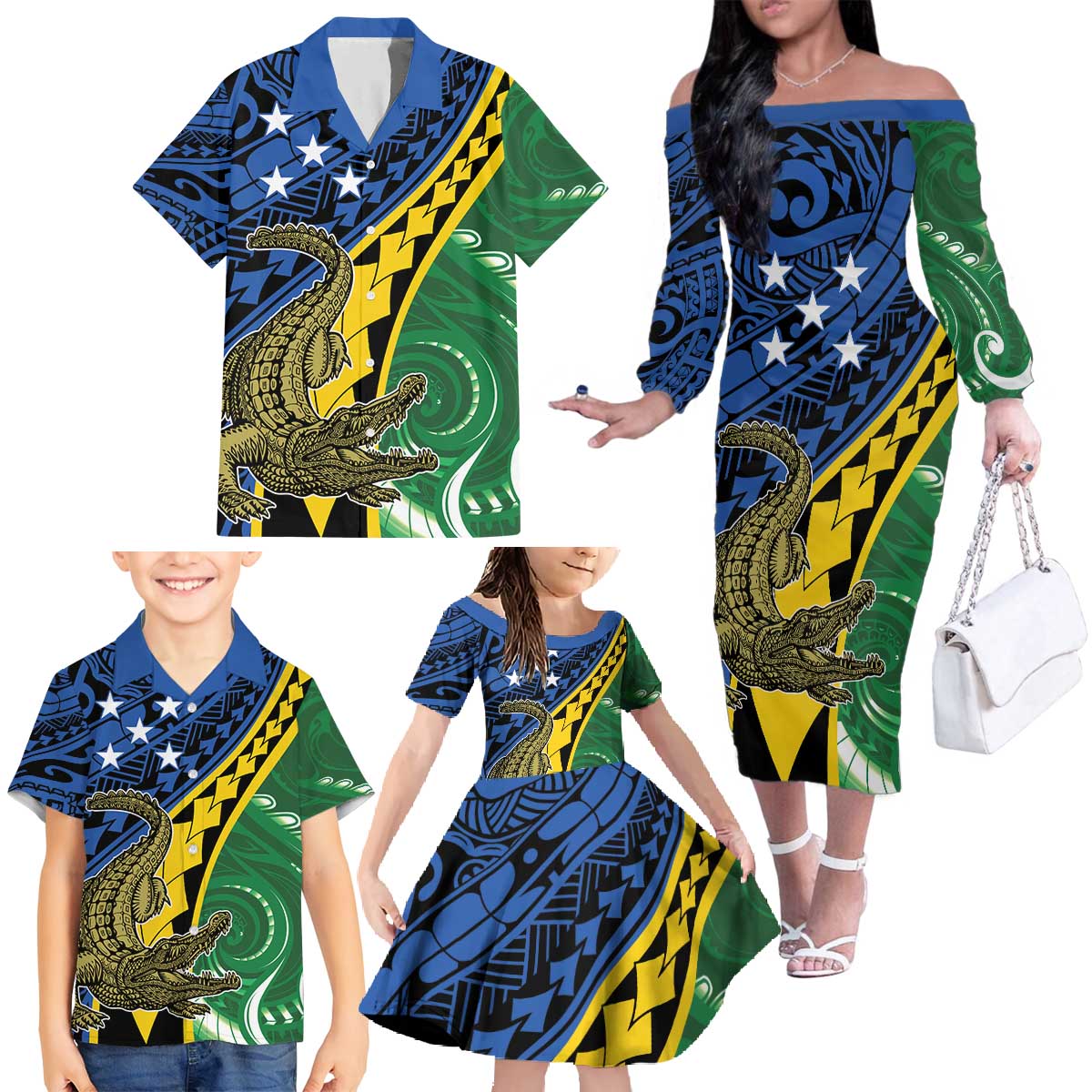 Personalised Crocodile and Shark Solomon Islands Family Matching Off The Shoulder Long Sleeve Dress and Hawaiian Shirt Polynesian Tribal Tattoo LT9 - Polynesian Pride