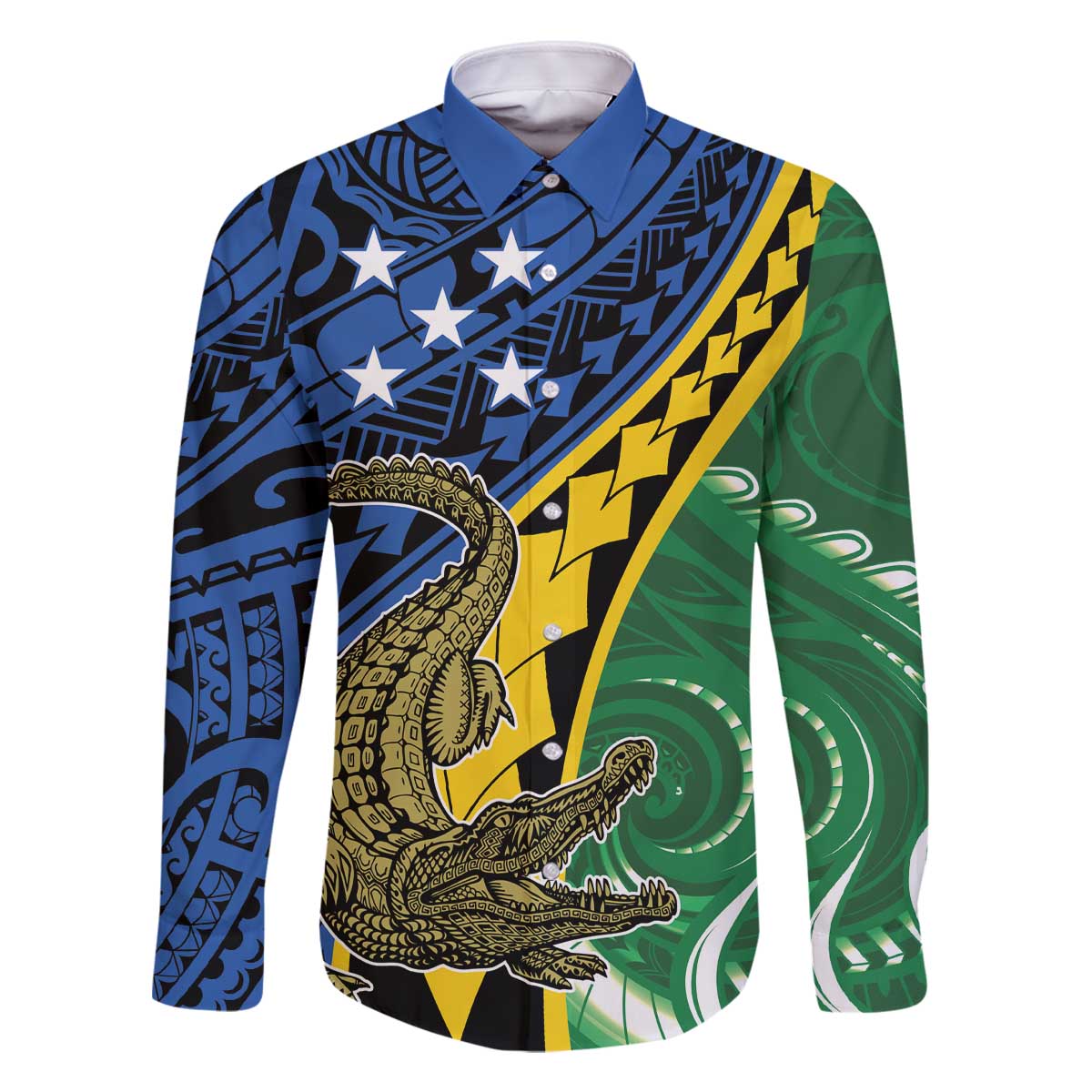 Personalised Crocodile and Shark Solomon Islands Family Matching Off The Shoulder Long Sleeve Dress and Hawaiian Shirt Polynesian Tribal Tattoo LT9 Dad's Shirt - Long Sleeve Green - Polynesian Pride