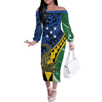 Personalised Crocodile and Shark Solomon Islands Family Matching Off The Shoulder Long Sleeve Dress and Hawaiian Shirt Polynesian Tribal Tattoo LT9 Mom's Dress Green - Polynesian Pride