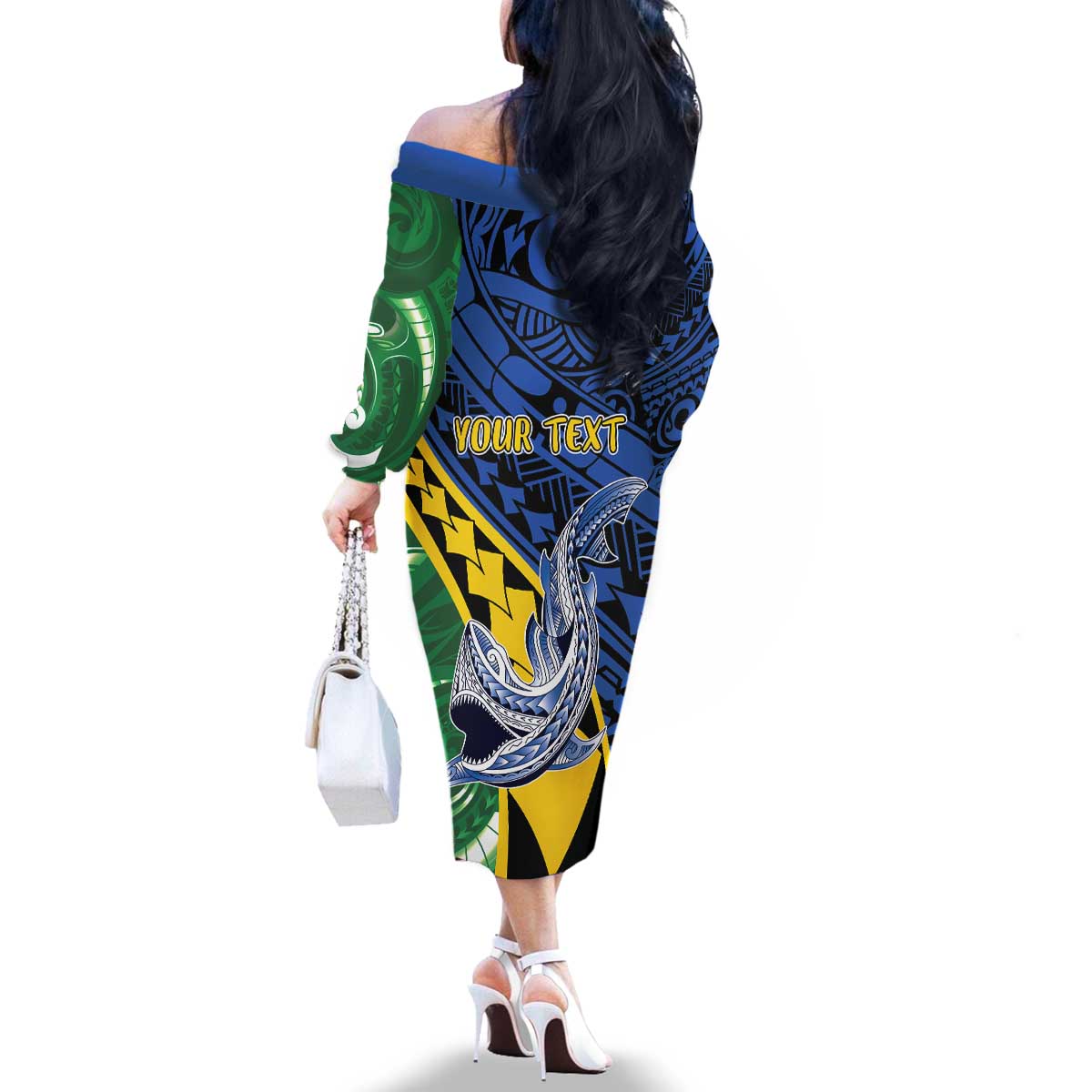 Personalised Crocodile and Shark Solomon Islands Family Matching Off The Shoulder Long Sleeve Dress and Hawaiian Shirt Polynesian Tribal Tattoo LT9 - Polynesian Pride