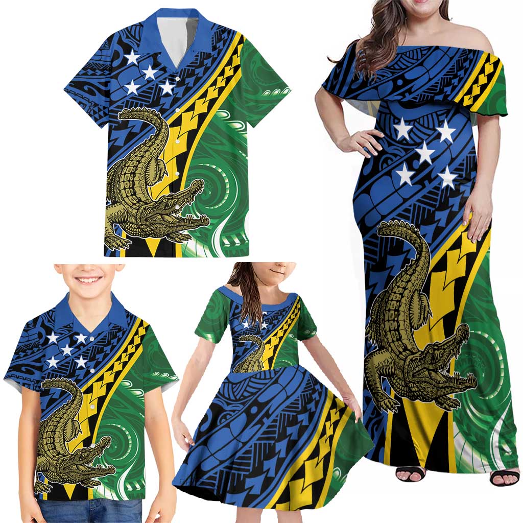 Personalised Crocodile and Shark Solomon Islands Family Matching Off Shoulder Maxi Dress and Hawaiian Shirt Polynesian Tribal Tattoo LT9 - Polynesian Pride
