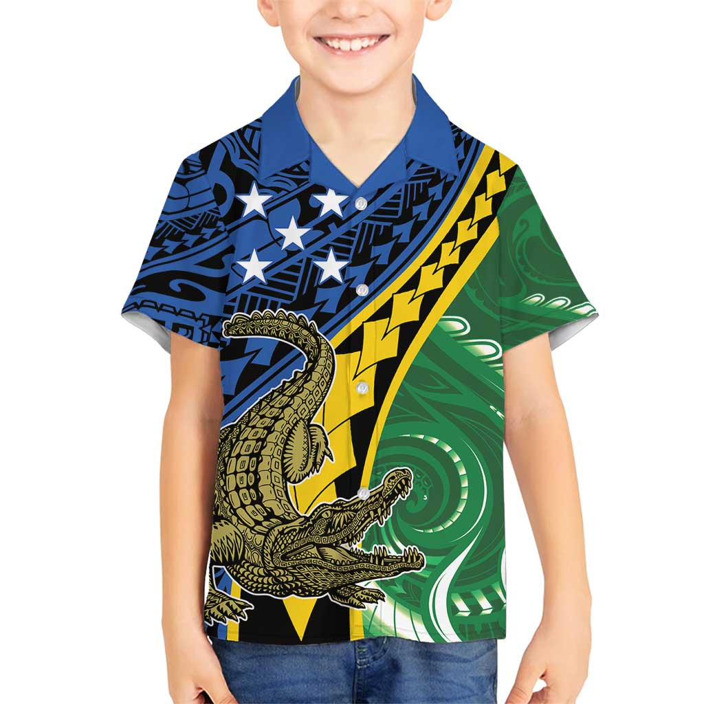 Personalised Crocodile and Shark Solomon Islands Family Matching Off Shoulder Maxi Dress and Hawaiian Shirt Polynesian Tribal Tattoo LT9 Son's Shirt Green - Polynesian Pride