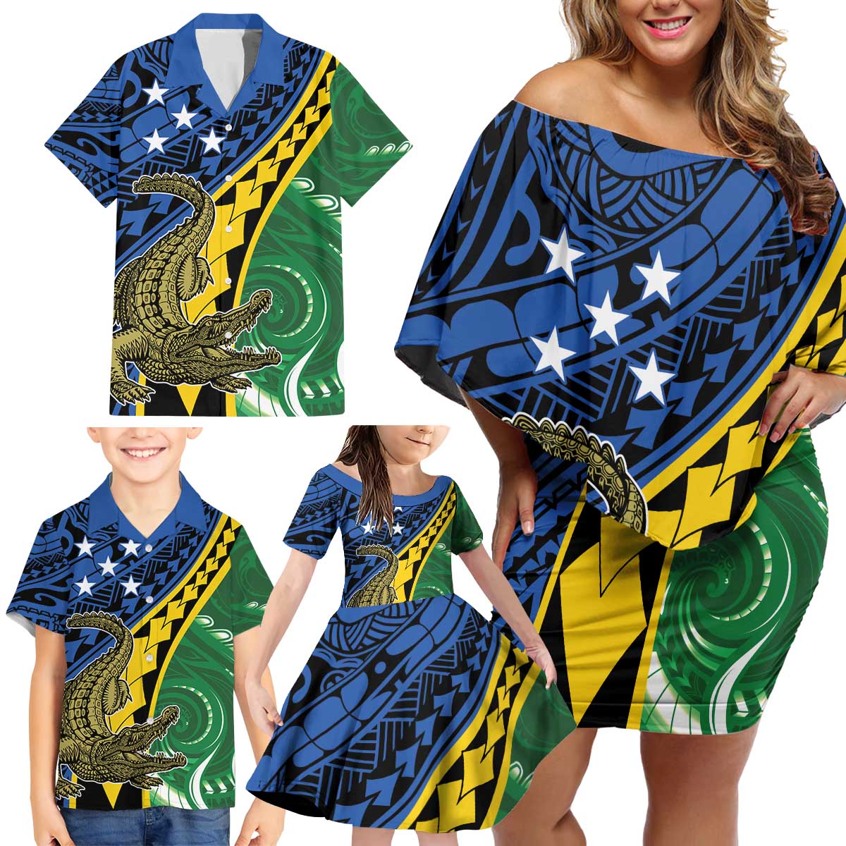 Personalised Crocodile and Shark Solomon Islands Family Matching Off Shoulder Short Dress and Hawaiian Shirt Polynesian Tribal Tattoo LT9 - Polynesian Pride