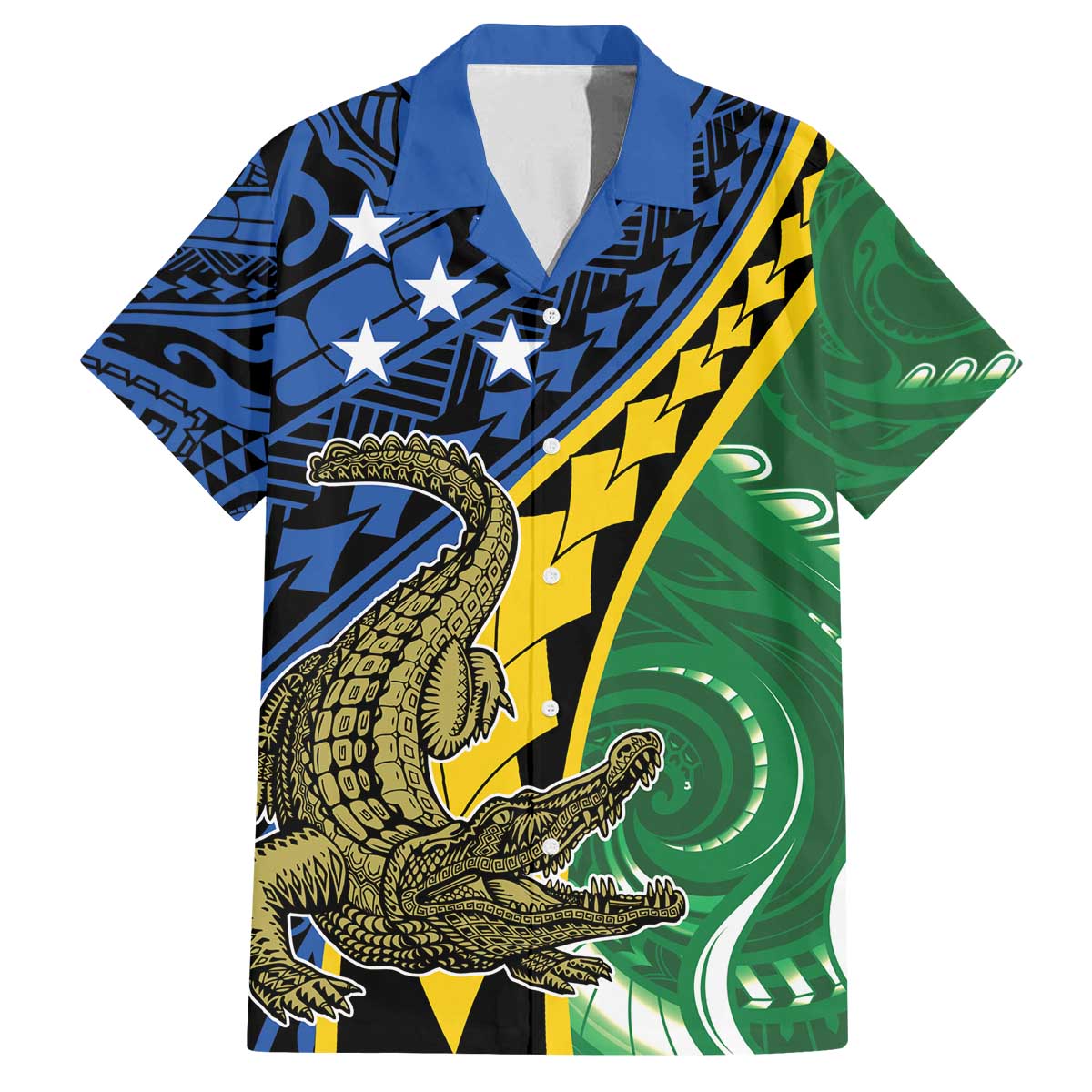 Personalised Crocodile and Shark Solomon Islands Family Matching Off Shoulder Short Dress and Hawaiian Shirt Polynesian Tribal Tattoo LT9 Dad's Shirt - Short Sleeve Green - Polynesian Pride