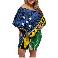 Personalised Crocodile and Shark Solomon Islands Family Matching Off Shoulder Short Dress and Hawaiian Shirt Polynesian Tribal Tattoo LT9 Mom's Dress Green - Polynesian Pride