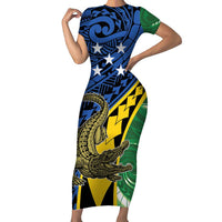 Personalised Crocodile and Shark Solomon Islands Family Matching Short Sleeve Bodycon Dress and Hawaiian Shirt Polynesian Tribal Tattoo LT9 Mom's Dress Green - Polynesian Pride
