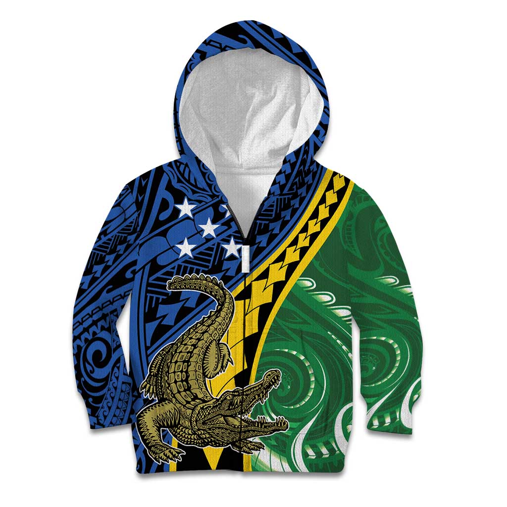 Personalised Crocodile and Shark Solomon Islands Kid Hoodie Polynesian Tribal Tattoo LT9 Zip Hoodie Green - Polynesian Pride