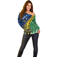Personalised Crocodile and Shark Solomon Islands Off Shoulder Sweater Polynesian Tribal Tattoo