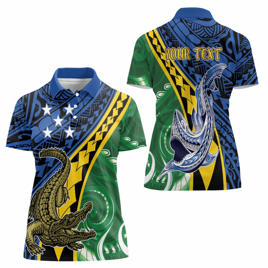 Personalised Crocodile and Shark Solomon Islands Women Polo Shirt Polynesian Tribal Tattoo