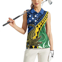 Personalised Crocodile and Shark Solomon Islands Women Sleeveless Polo Shirt Polynesian Tribal Tattoo
