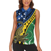 Personalised Crocodile and Shark Solomon Islands Women Sleeveless Polo Shirt Polynesian Tribal Tattoo
