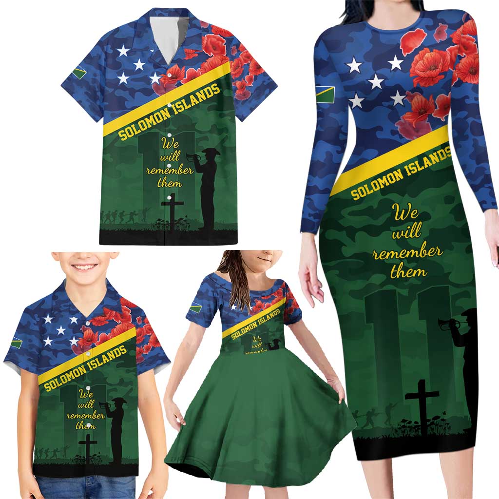 Personalised Solomon Islands Remembrance Day Family Matching Long Sleeve Bodycon Dress and Hawaiian Shirt We Will Remember Them with Camouflage Style LT9 - Polynesian Pride