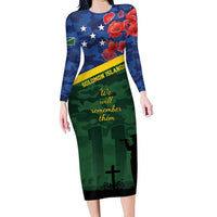 Personalised Solomon Islands Remembrance Day Family Matching Long Sleeve Bodycon Dress and Hawaiian Shirt We Will Remember Them with Camouflage Style LT9 Mom's Dress Green - Polynesian Pride
