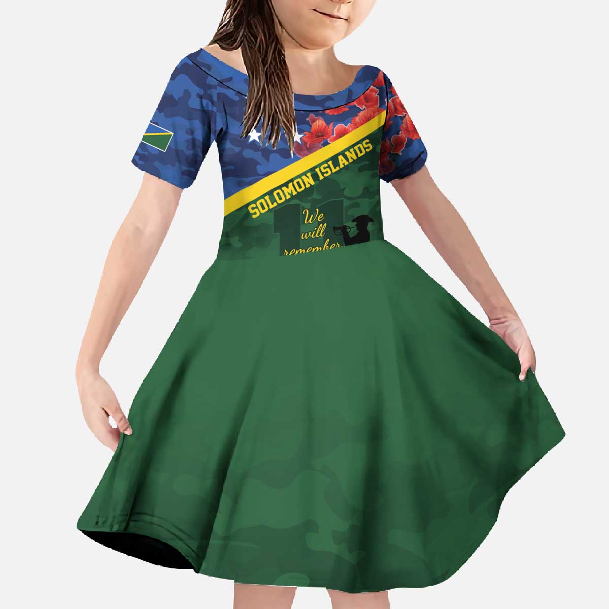 Personalised Solomon Islands Remembrance Day Family Matching Off The Shoulder Long Sleeve Dress and Hawaiian Shirt We Will Remember Them with Camouflage Style LT9 Daughter's Dress Green - Polynesian Pride