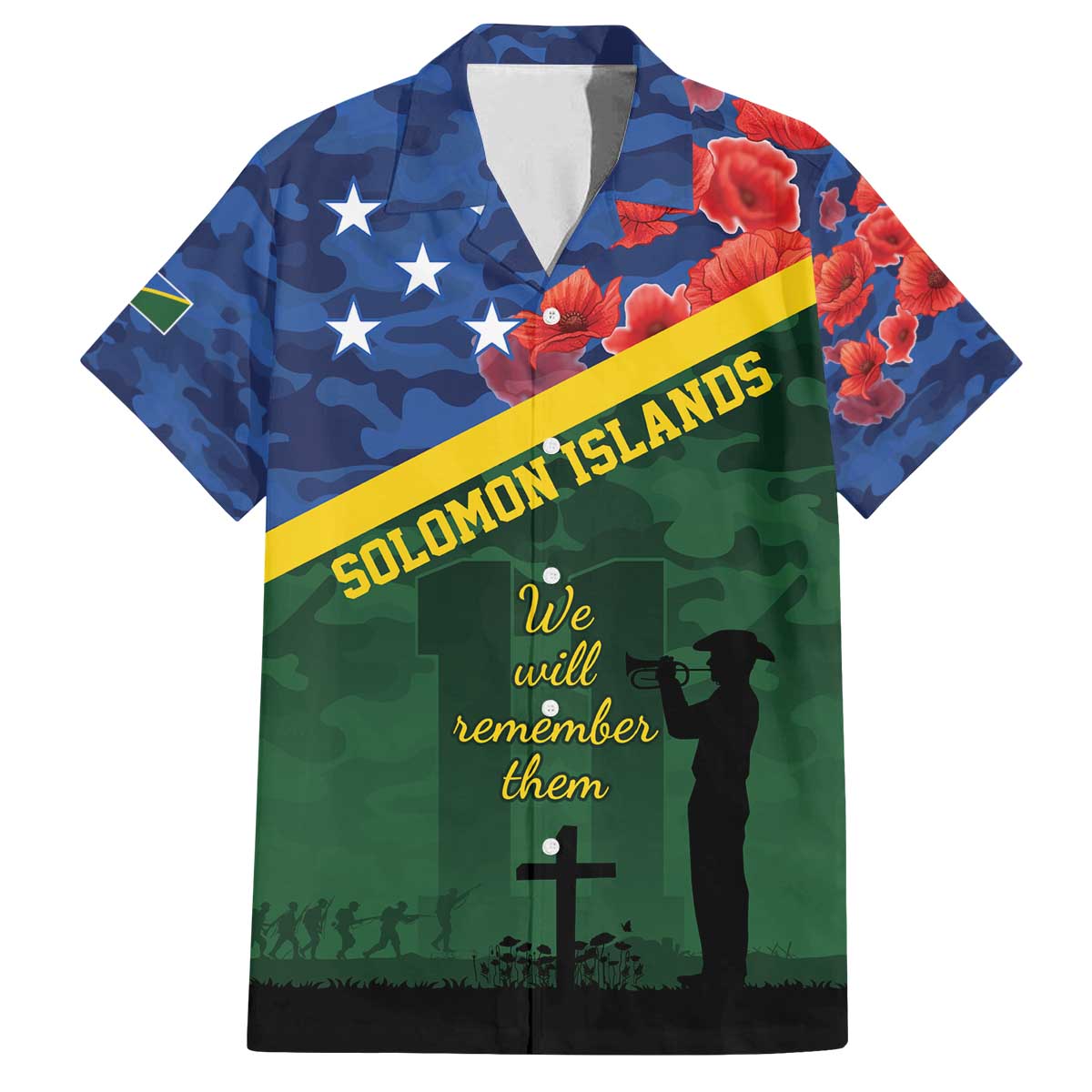 Personalised Solomon Islands Remembrance Day Family Matching Off The Shoulder Long Sleeve Dress and Hawaiian Shirt We Will Remember Them with Camouflage Style LT9 Dad's Shirt - Short Sleeve Green - Polynesian Pride