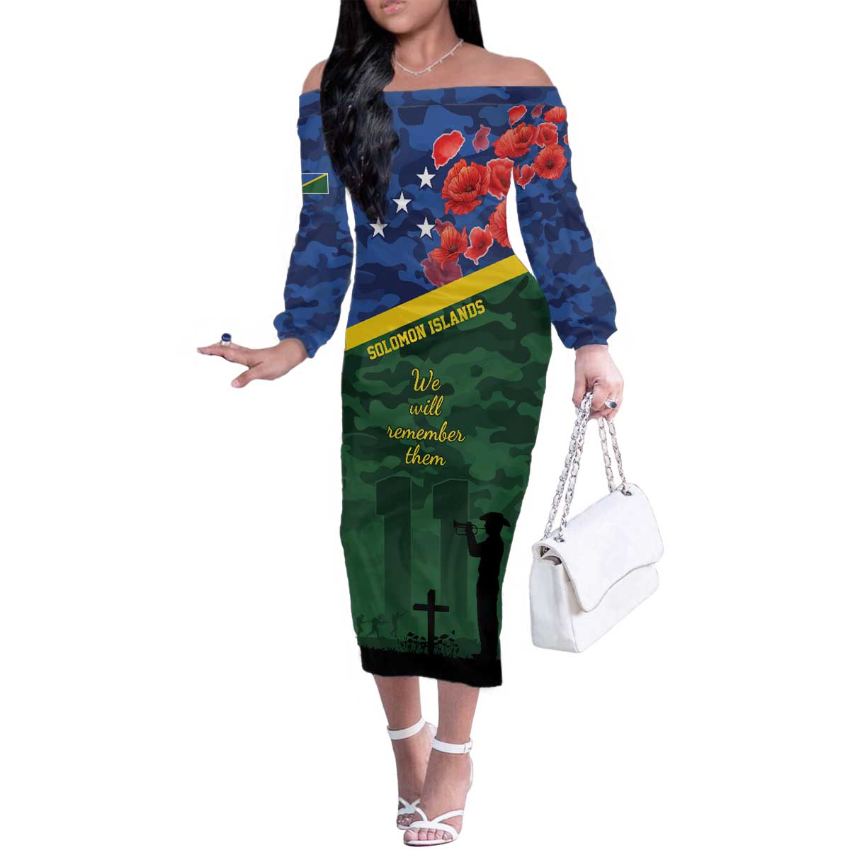 Personalised Solomon Islands Remembrance Day Family Matching Off The Shoulder Long Sleeve Dress and Hawaiian Shirt We Will Remember Them with Camouflage Style LT9 Mom's Dress Green - Polynesian Pride