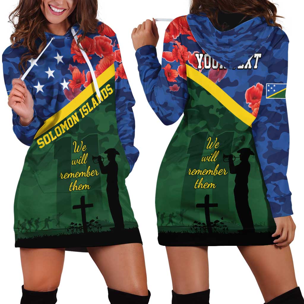 Personalised Solomon Islands Remembrance Day Hoodie Dress We Will Remember Them with Camouflage Style LT9 - Polynesian Pride