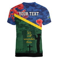 Personalised Solomon Islands Remembrance Day Women V-Neck T-Shirt We Will Remember Them with Camouflage Style