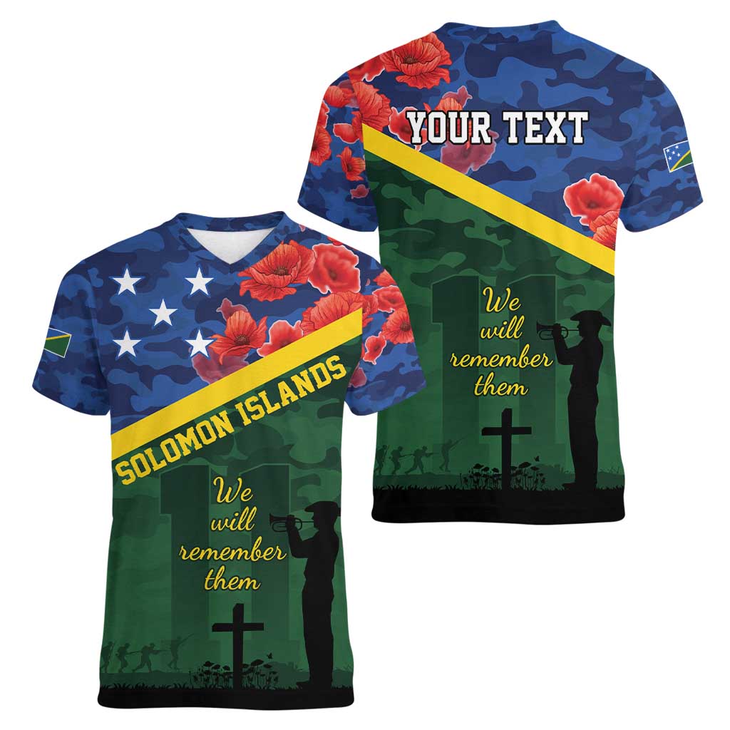 Personalised Solomon Islands Remembrance Day Women V-Neck T-Shirt We Will Remember Them with Camouflage Style