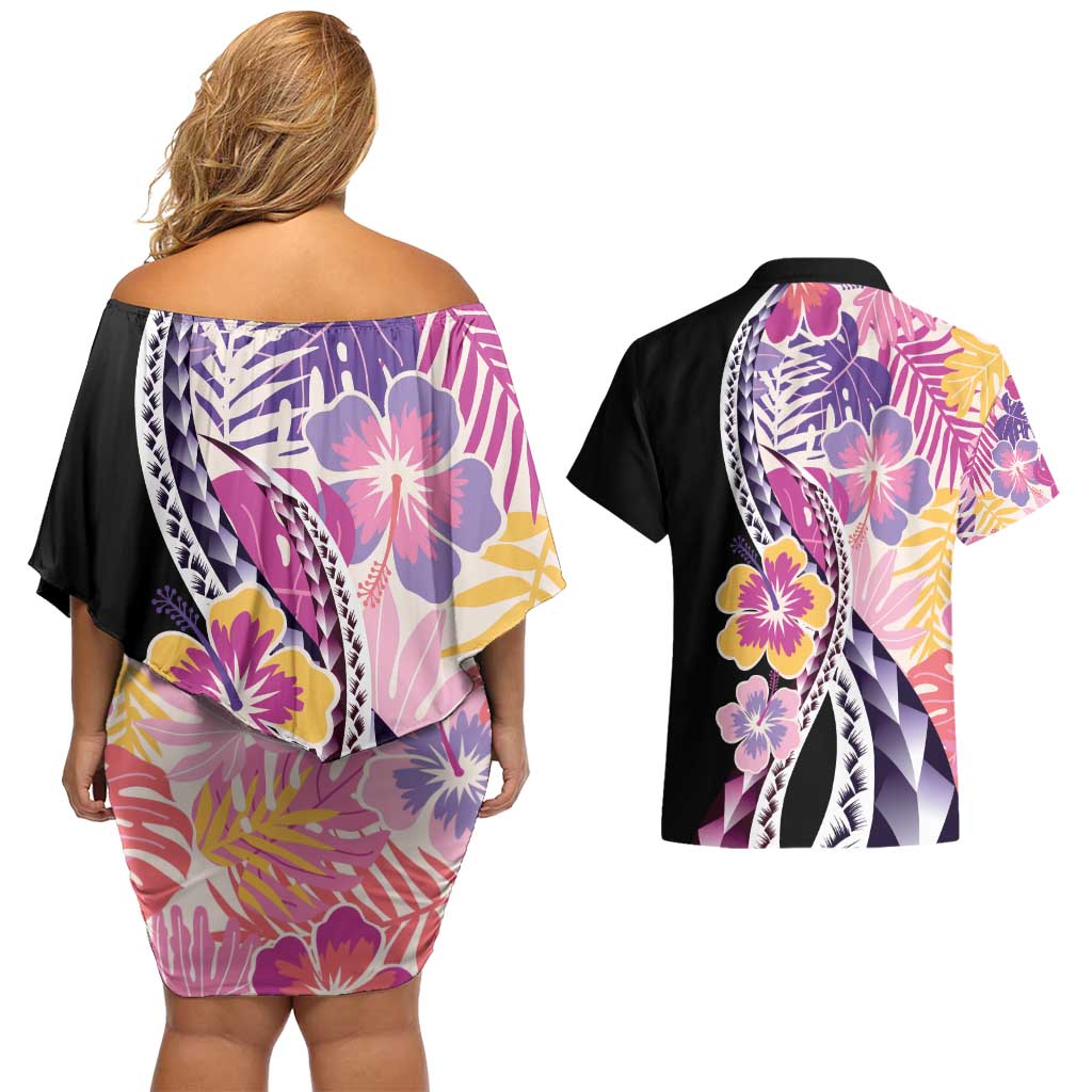 Aloha Vintage Hibiscus Lei Seamless Pattern Couples Matching Off Shoulder Short Dress and Hawaiian Shirt LT9 - Polynesian Pride