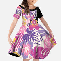 Aloha Vintage Hibiscus Lei Seamless Pattern Kid Short Sleeve Dress - Polynesian Pride