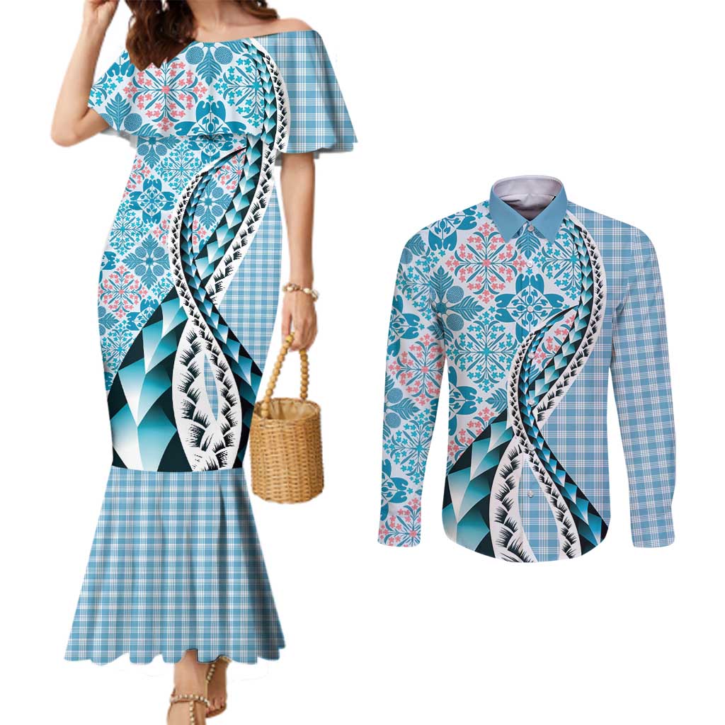 Aloha Vintage Palaka Floral Hawaiian Quilt Couples Matching Mermaid Dress and Long Sleeve Button Shirt Uliuli Motif - Polynesian Pride