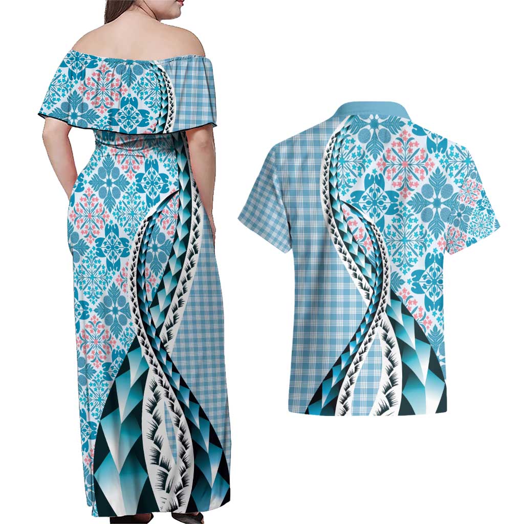 Aloha Vintage Palaka Floral Hawaiian Quilt Couples Matching Off Shoulder Maxi Dress and Hawaiian Shirt Uliuli Motif LT9 - Polynesian Pride