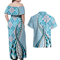 Aloha Vintage Palaka Floral Hawaiian Quilt Couples Matching Off Shoulder Maxi Dress and Hawaiian Shirt Uliuli Motif LT9 - Polynesian Pride