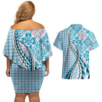 Aloha Vintage Palaka Floral Hawaiian Quilt Couples Matching Off Shoulder Short Dress and Hawaiian Shirt Uliuli Motif LT9 - Polynesian Pride