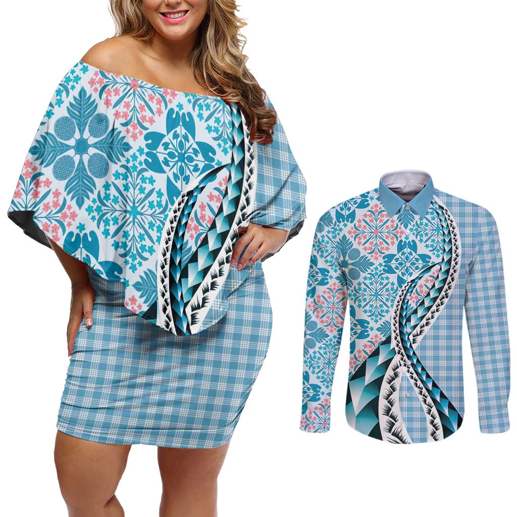 Aloha Vintage Palaka Floral Hawaiian Quilt Couples Matching Off Shoulder Short Dress and Long Sleeve Button Shirt Uliuli Motif - Polynesian Pride