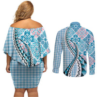 Aloha Vintage Palaka Floral Hawaiian Quilt Couples Matching Off Shoulder Short Dress and Long Sleeve Button Shirt Uliuli Motif - Polynesian Pride